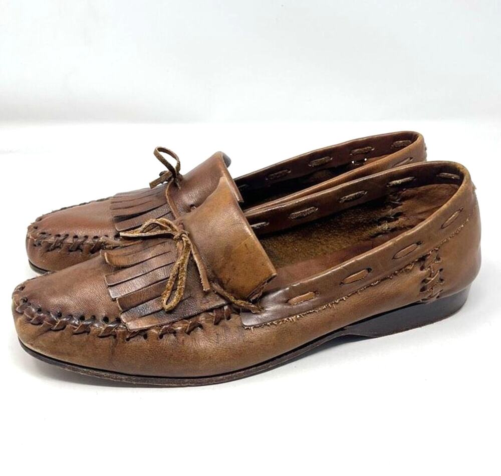 Joan and David Too Moccasin Loafers Leather Fringe Tie Brown Mens Size 12